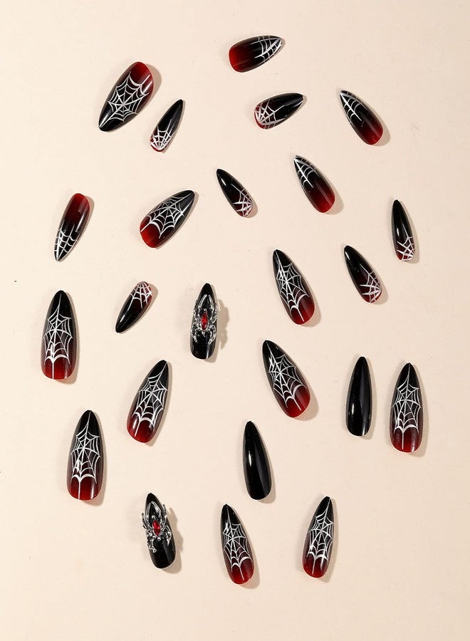 GRITOSE 24 Pcs Goth Almond Press on Nails Medium Halloween Fake Nails Red Black False Nails with Spider Web & 3D Spider Design Acrylic Goth Nails Press ons Holiday Stick on Nail for Women Spider Nail - Image 3